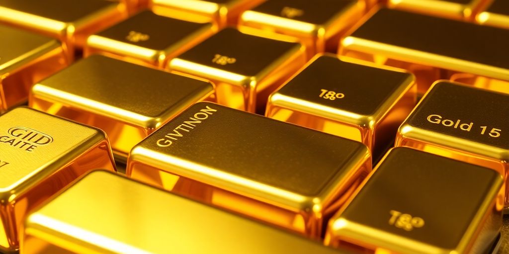 Lingots d'or brillants empilés sur un fond doré.