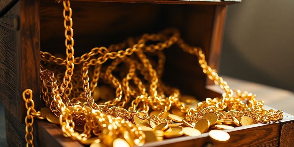 Schatkist met glimmende, gouden kettingen en munten.