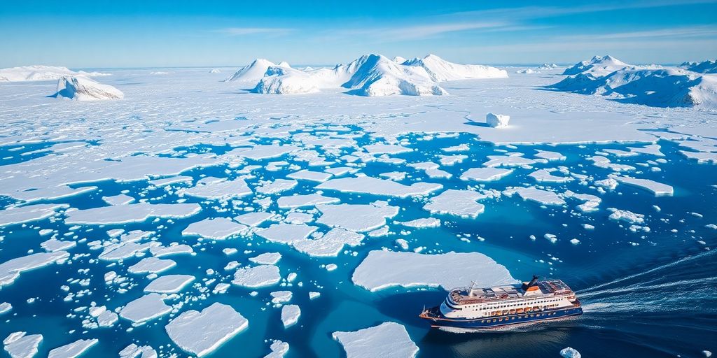 Vista aérea da Antártica com glaciares e um navio de expedição.