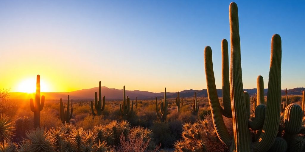 Desert landscape of Tucson with saguaro cacti at sunset.