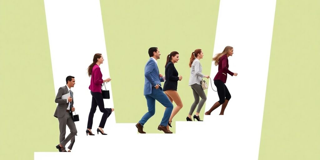 People ascending stairs in a professional setting.