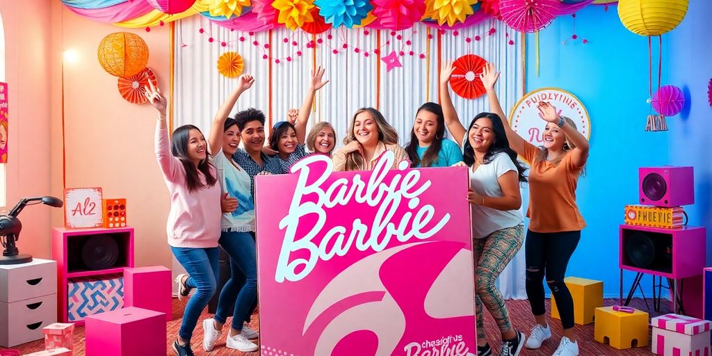 Group of friends engaging with a large Barbie box.