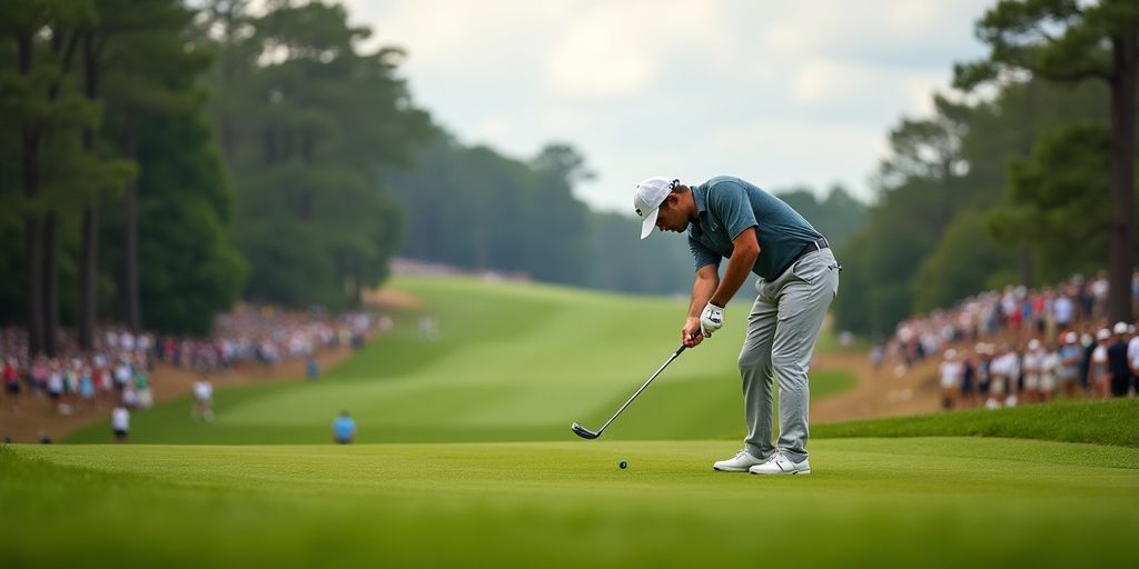Golfer swinging on a challenging golf course.