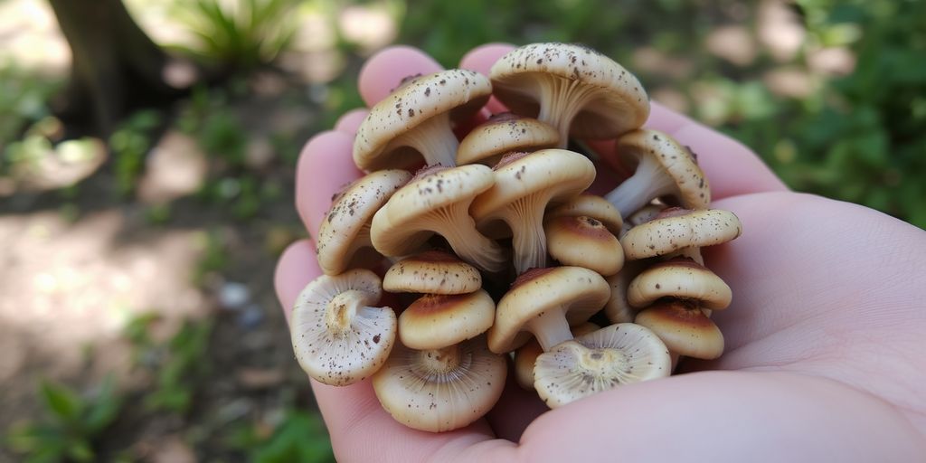 Hand holding psilocybin mushrooms outdoors.