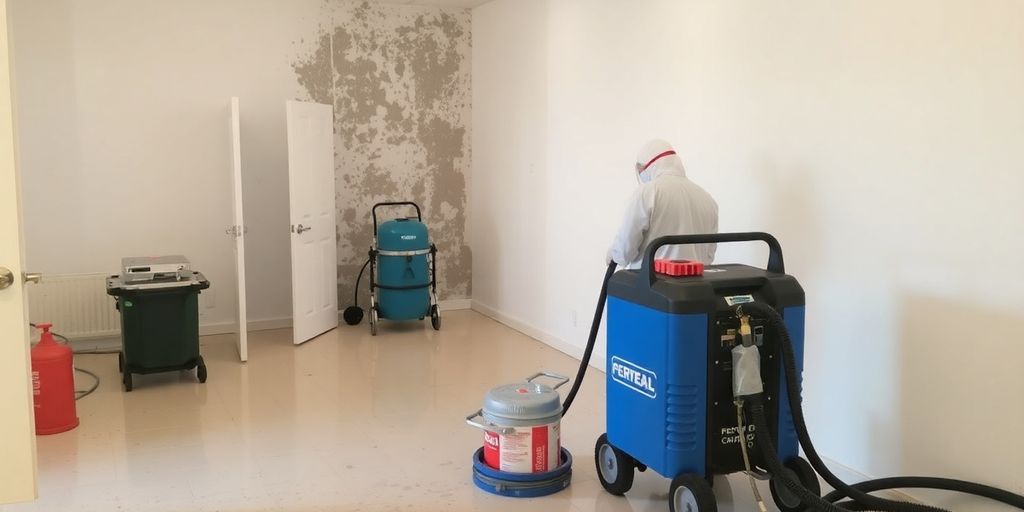 Technician in protective gear removing mold from a room.