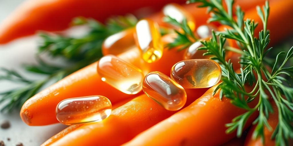 Vibrant fish oil capsules and carrots bathed in golden light.