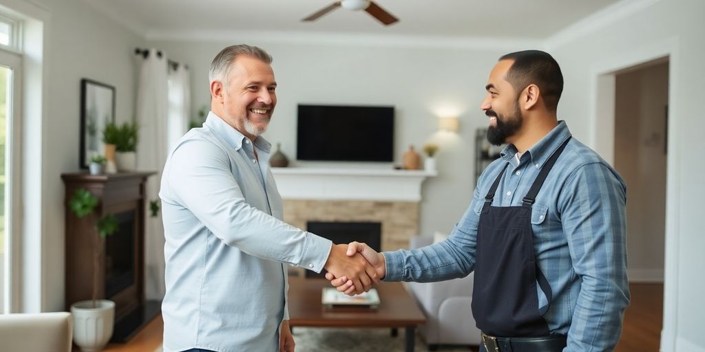 Happy homeowner with contractor after home renovation.