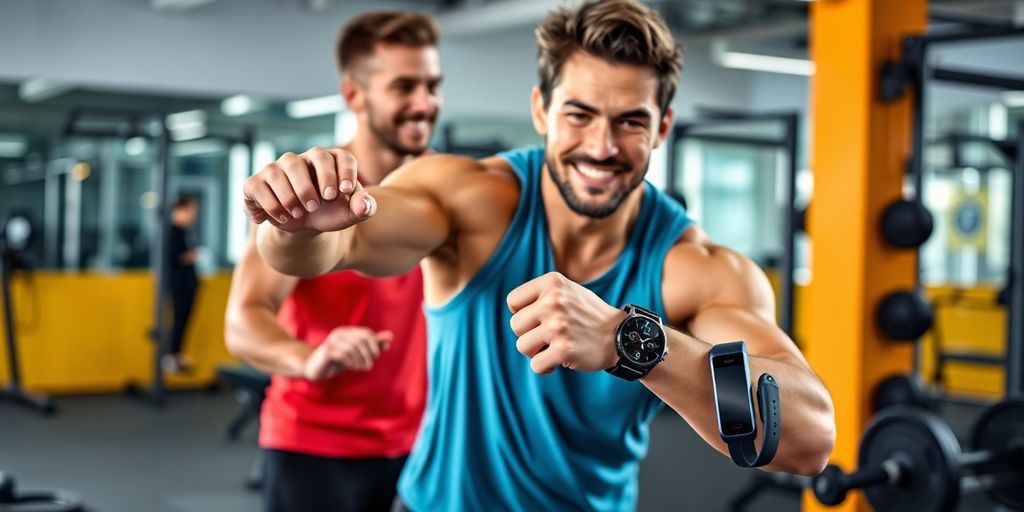 Fitness gadgets for men in a modern gym setting.