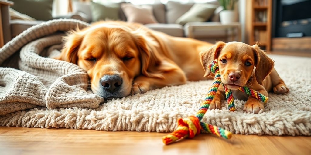 Older dog napping next to playful puppy
