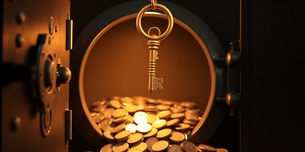Golden key unlocking a secure vault filled with shimmering coins.