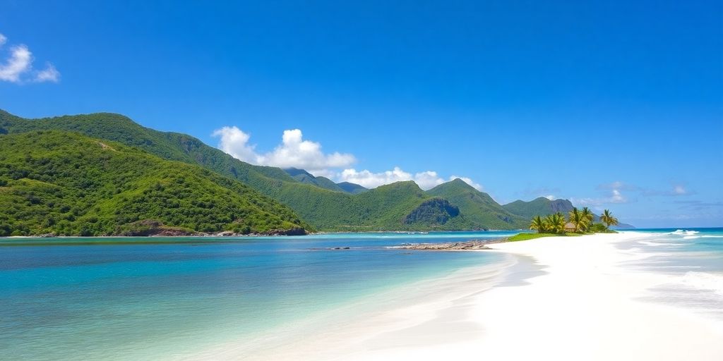 Rurutu's coastline, blue water, green hills