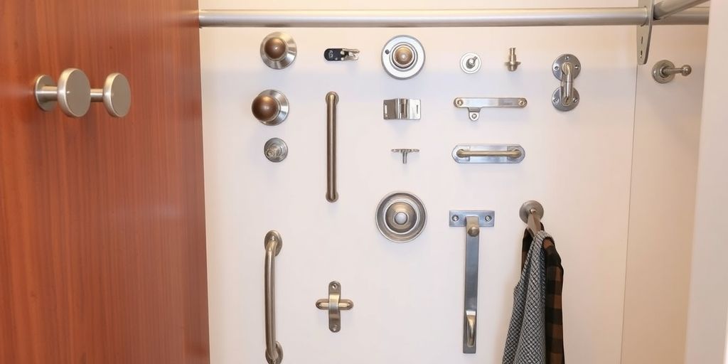 Different closet door hardware fittings on display.