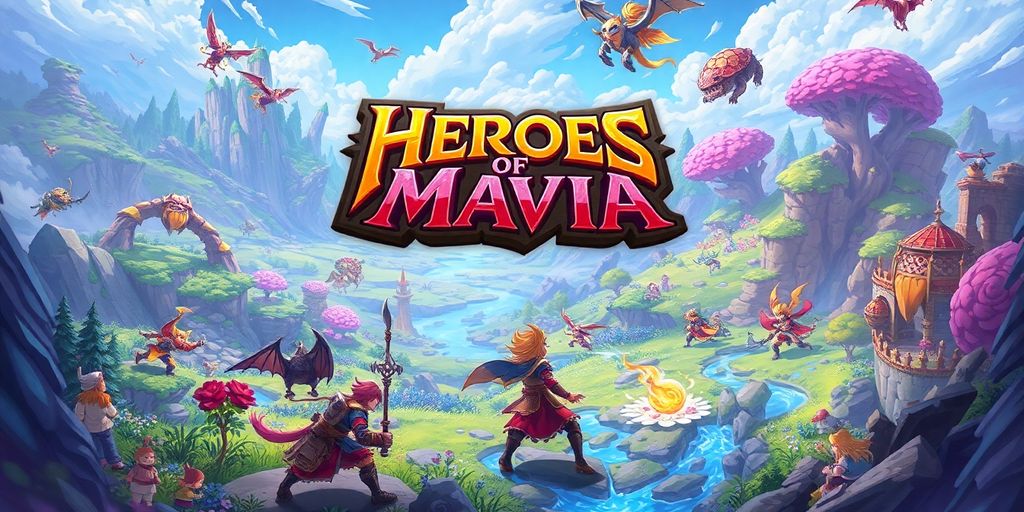 Colorful illustration of heroes of mavia characters and landscapes.
