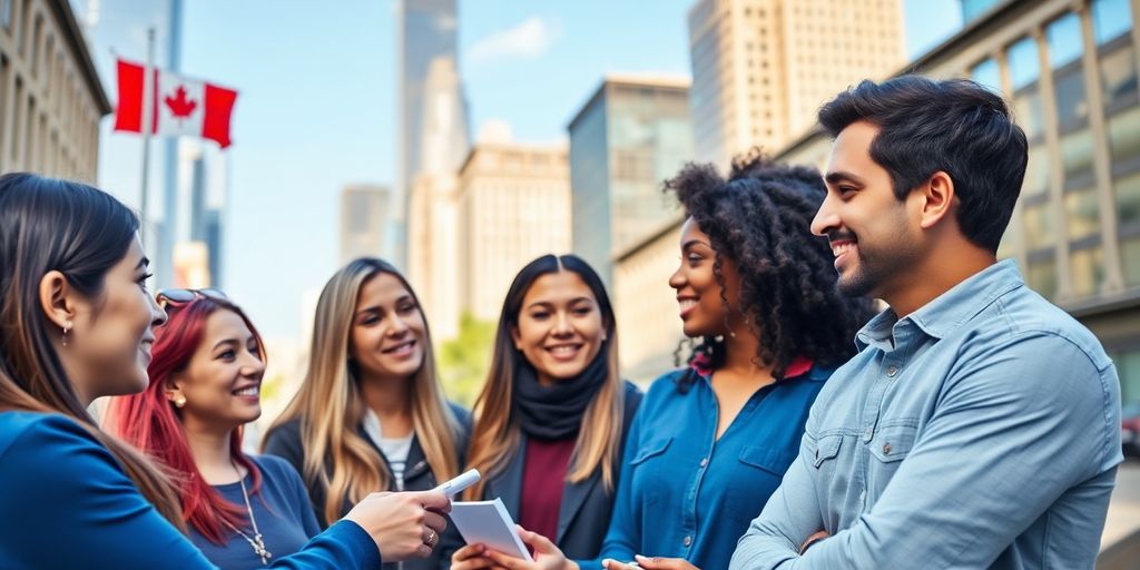 Diverse group discussing cryptocurrency in urban Canada.