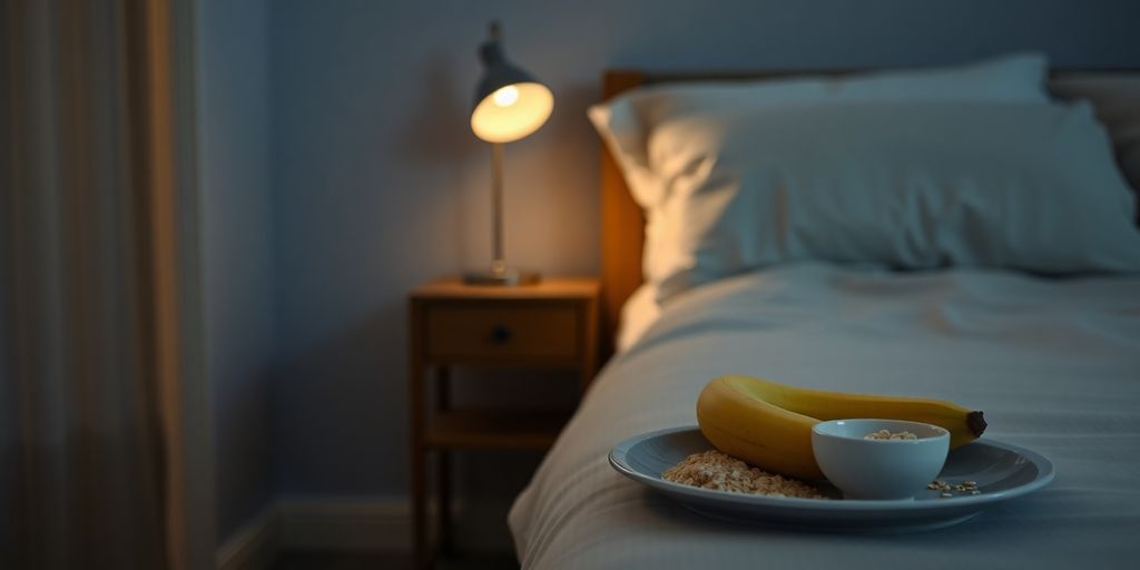Healthy food, clock, and comfortable bed.