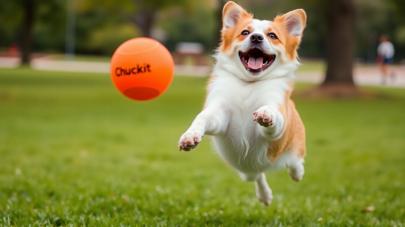 Dog catching an orange Chuckit ball during fetch.