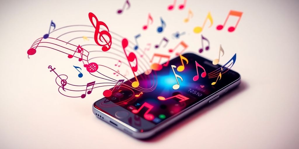 Music notes floating around a smartphone.