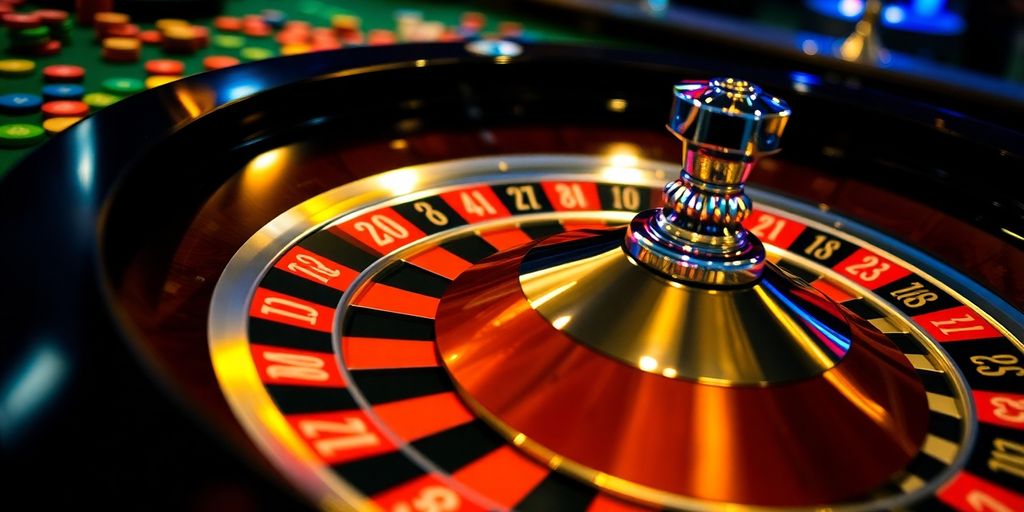 Spinning roulette wheel with colorful chips in a casino.