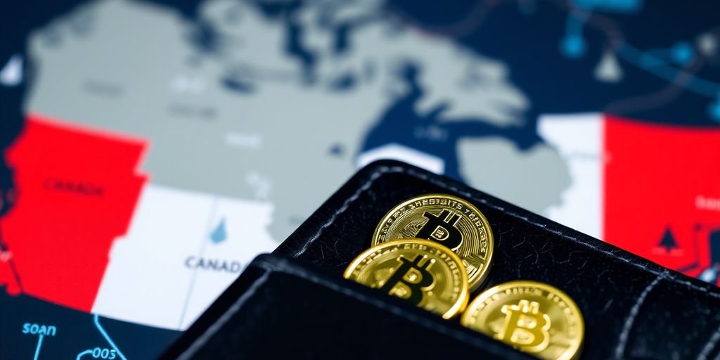 Digital wallet with cryptocurrency icons and Canada map.