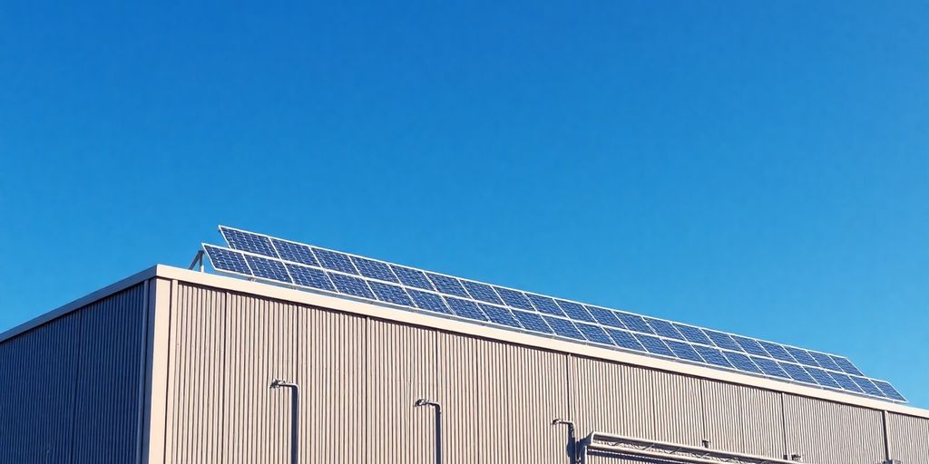 Solar panels on an industrial building under clear blue skies.