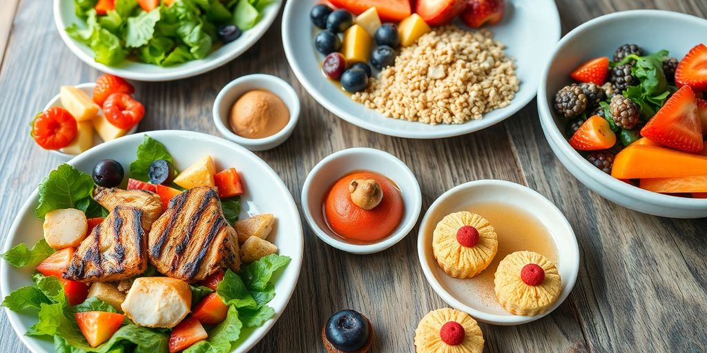 Table with various healthy, colorful meals and sweet treats.