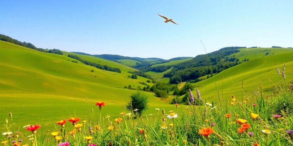 Landschaft im Saarland mit grünen Hügeln und Blumen.