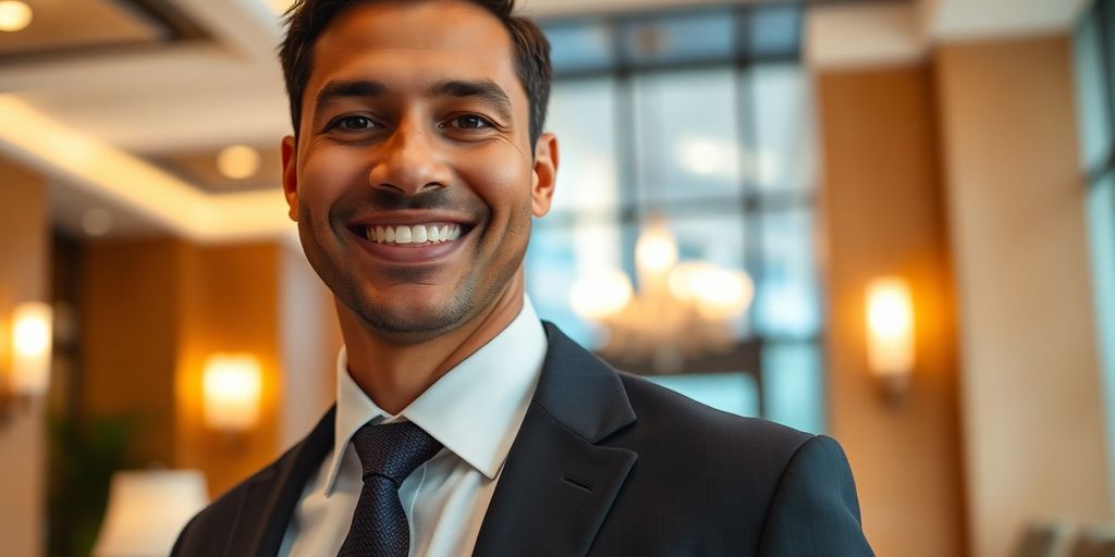 Polished hotelier in a sharp suit smiles confidently
