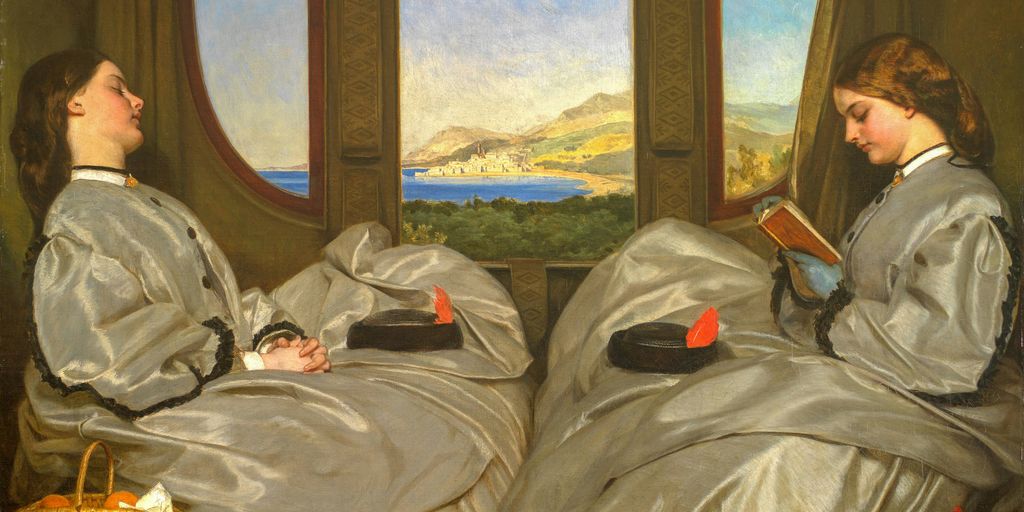 a painting of two women in bed looking out a window
