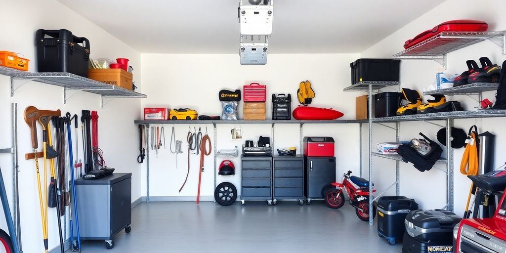 Organized garage with Monkey Bars shelving and tools.