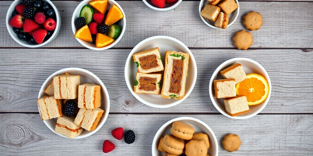 รูปภาพอาหารว่างหลากหลายสีสันน่ารับประทานจัดวางบนโต๊ะไม้