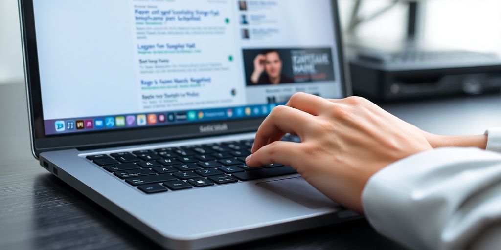 Person researching keywords on a laptop.