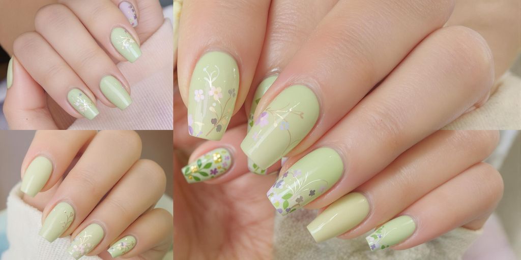 Unhas decoradas em tons pastel de verde.