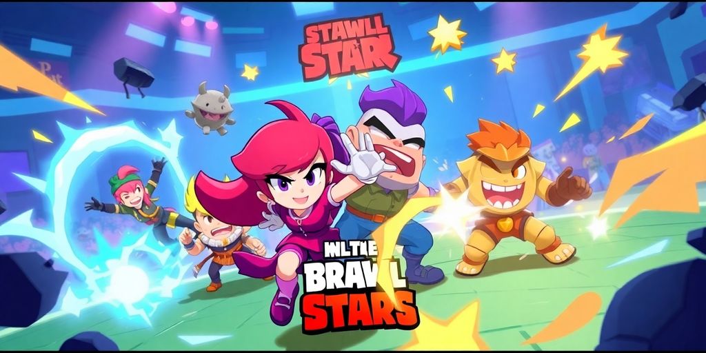 Brawl Stars characters battling in a vibrant arena.
