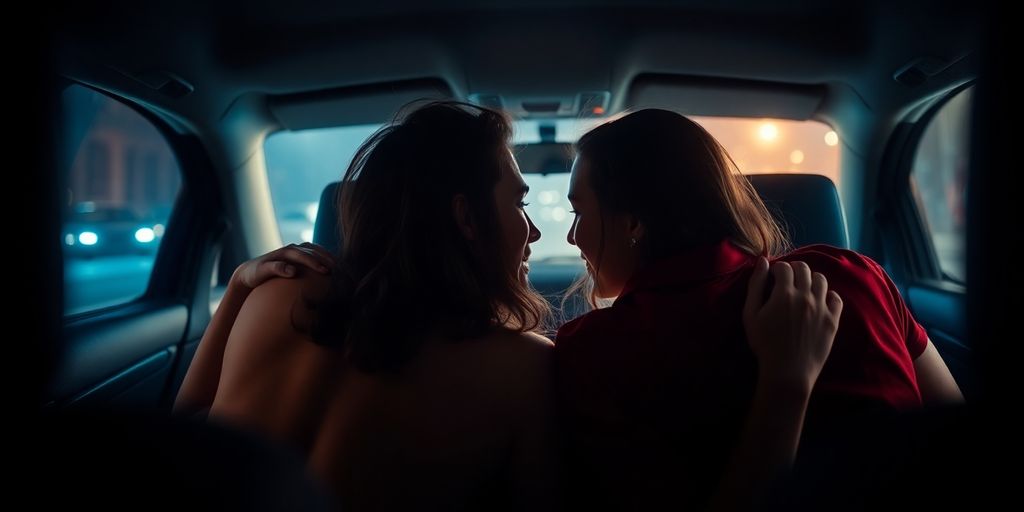 Couple in passionate embrace inside a car backseat.