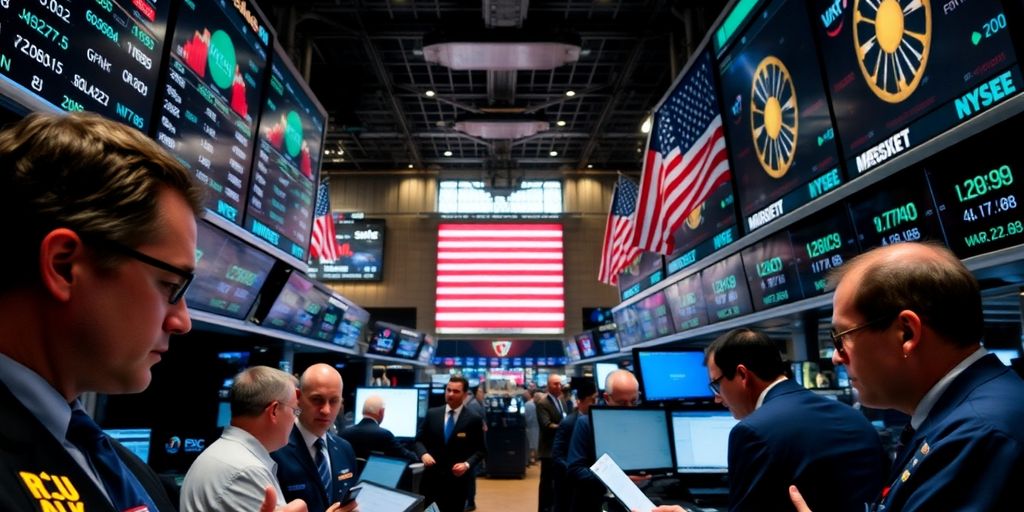 Traders engaged on a busy stock market trading floor.