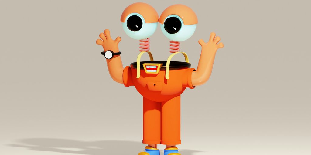 an orange cartoon character with two eyes and a backpack