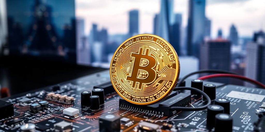 Bitcoin on circuit board with city skyline background.