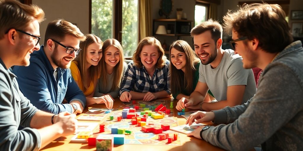 Des amis rient en jouant à des jeux de société colorés.