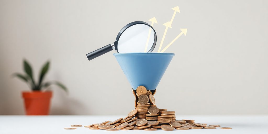 Digital funnel with coins, magnifying glass, and arrows.