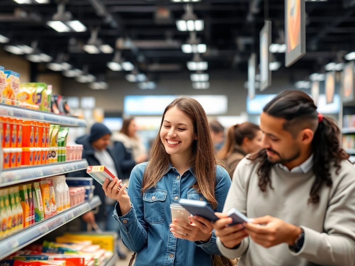 Oameni cumpărând produse diverse într-un magazin modern