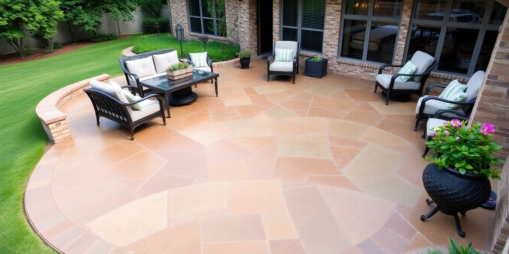 Elegant stamped concrete patio with stylish outdoor furniture.