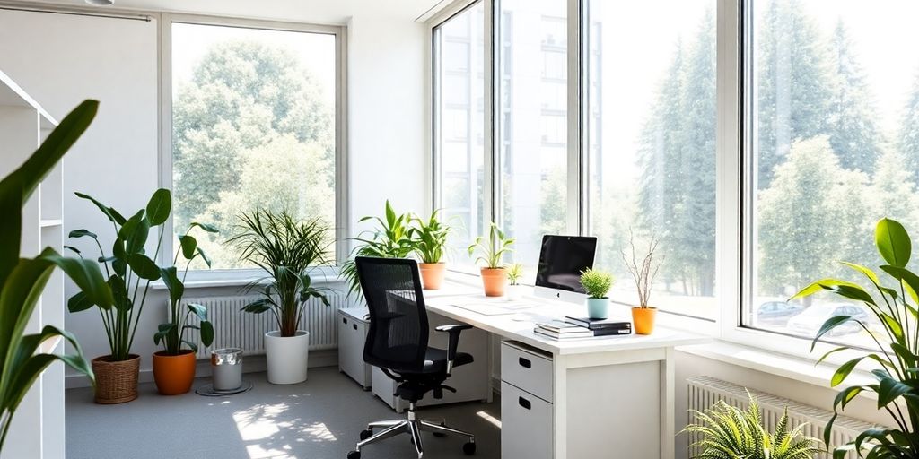 Heller Arbeitsplatz mit Tageslicht und Pflanzen.