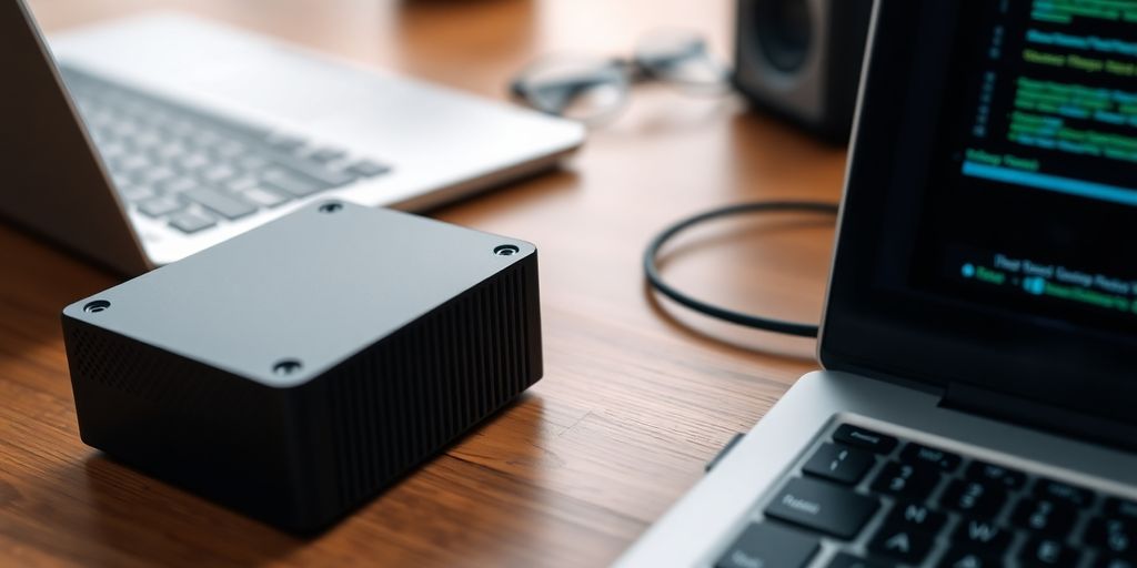 External hard drive and laptop for data backup.