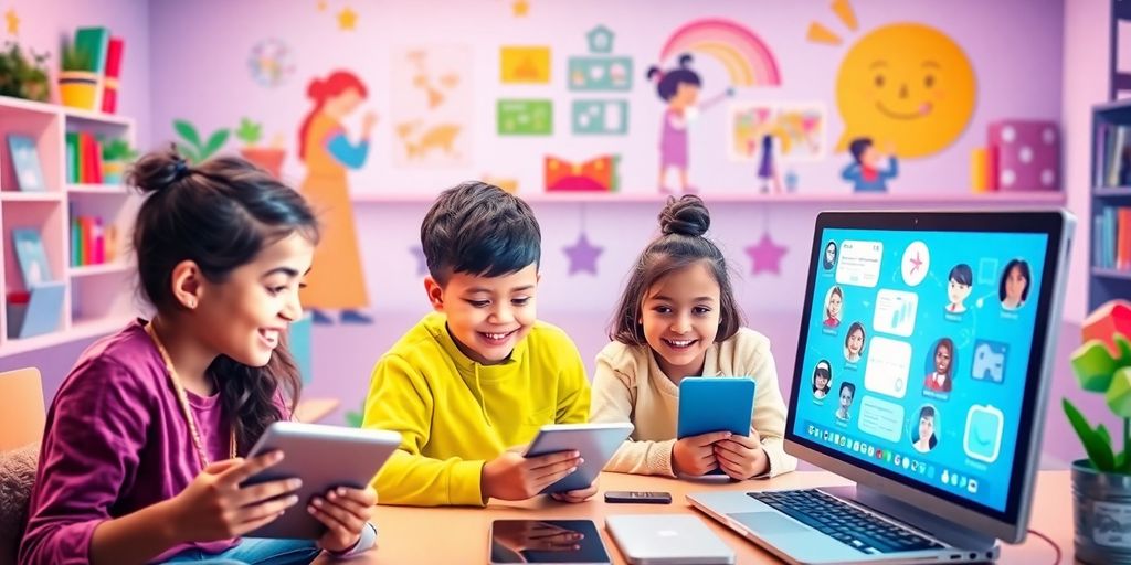 Diverse learners engaged in online education on various devices.