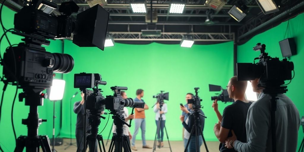 Scena produkcji filmowej z zespołem i sprzętem