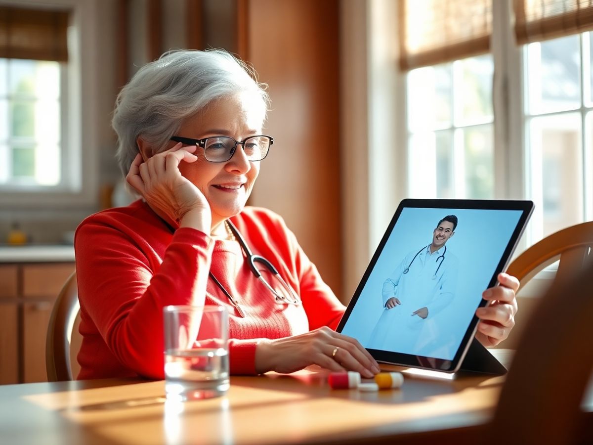 Bătrână zâmbitoare în cameră luminoasă cu tabletă și doctor virtual