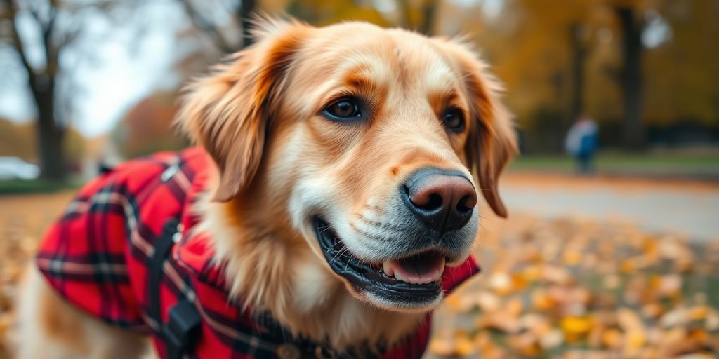 Happy large dog wearing stylish, well-fitting apparel