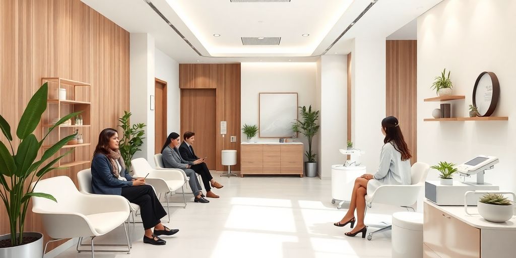 Interior moderno de clínica de bem-estar com pacientes.