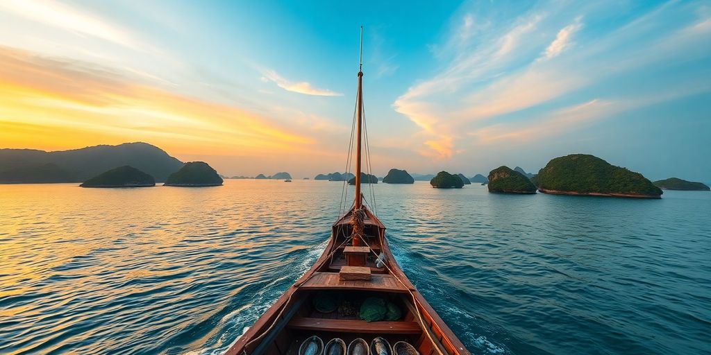 Phinisi boat sailing in beautiful tropical waters at sunset.