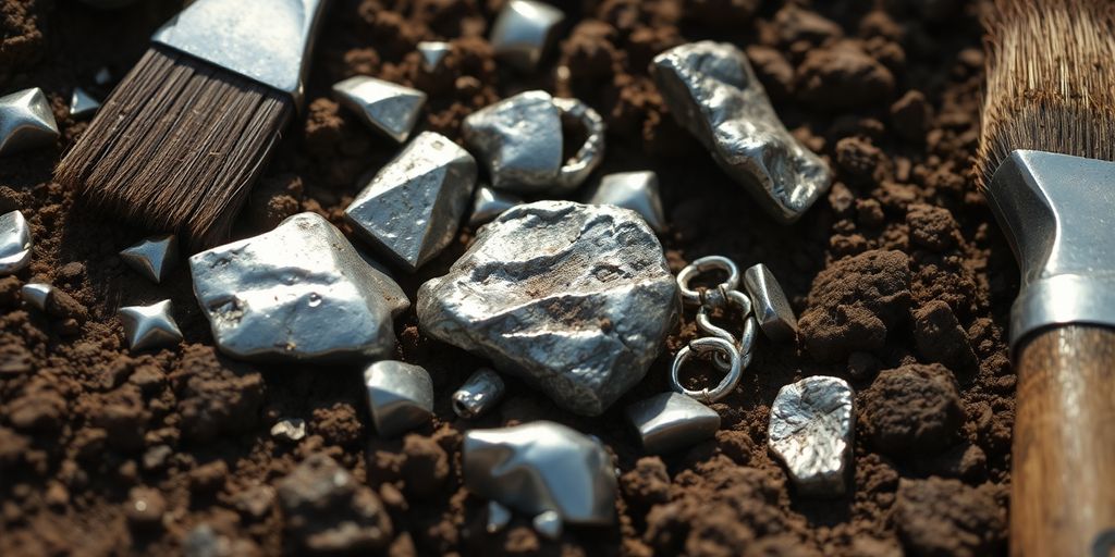 Ancient silver artifacts unearthed, glinting under sunlight.